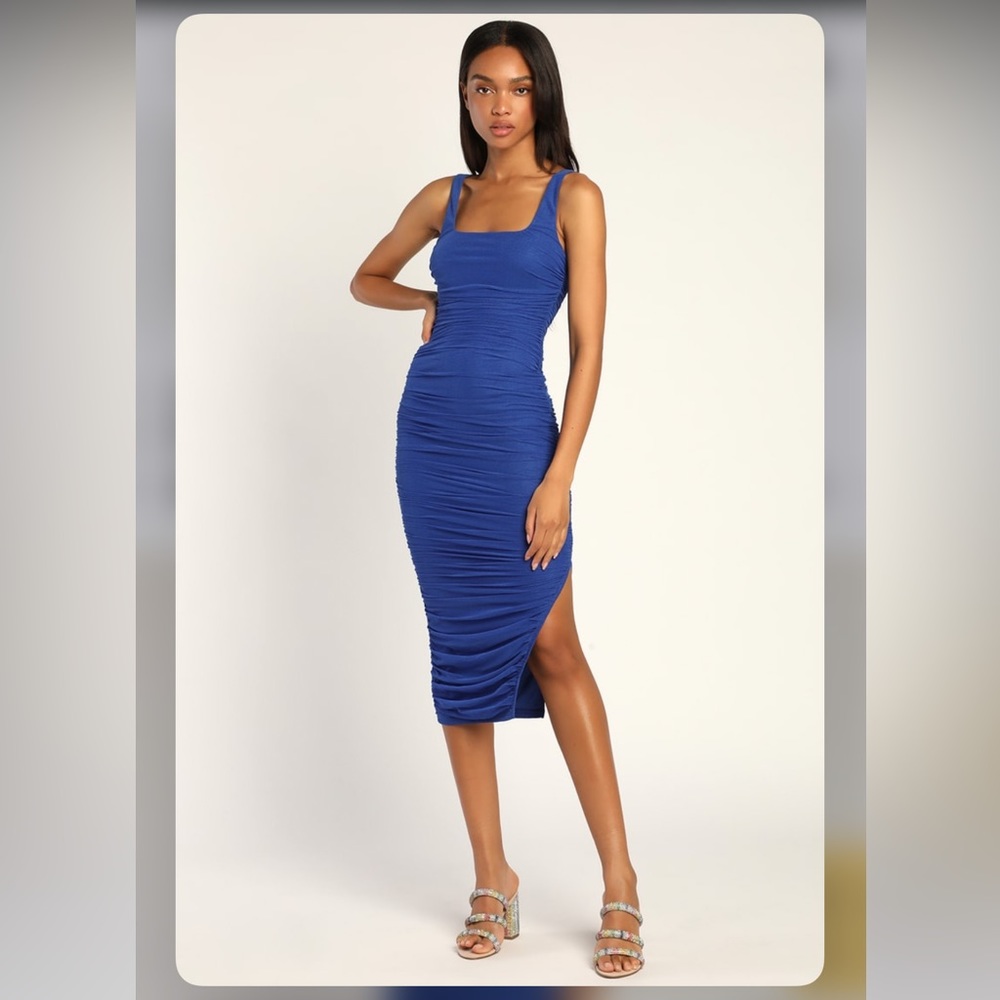 Lulu’s V.I.P. Treatment Royal Blue Mesh Ruched Bodycon Midi Dress